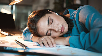 Buy stock photo Sleeping, tired and office business woman at night with planning paperwork for mental health or time management. Fatigue, burnout and corporate employee sleep on desk at a global networking company
