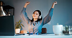 Woman, laptop and dance with headphones for music, stress relief or relax in remote work at home. Female freelancer relaxing, listening and enjoying audio sound track and dancing by workspace desk
