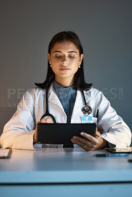 Buy stock photo Woman, doctor or digital tablet for test result analytics, medicine night research or healthcare life insurance management. Medical worker, surgeon or hospital technology in surgery schedule planning