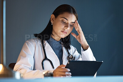 Buy stock photo Headache, doctor and work tablet stress of a healthcare, hospital and nurse worker looking at data. Burnout, tired and anxiety of a woman employee thinking and working on online surgery planning 