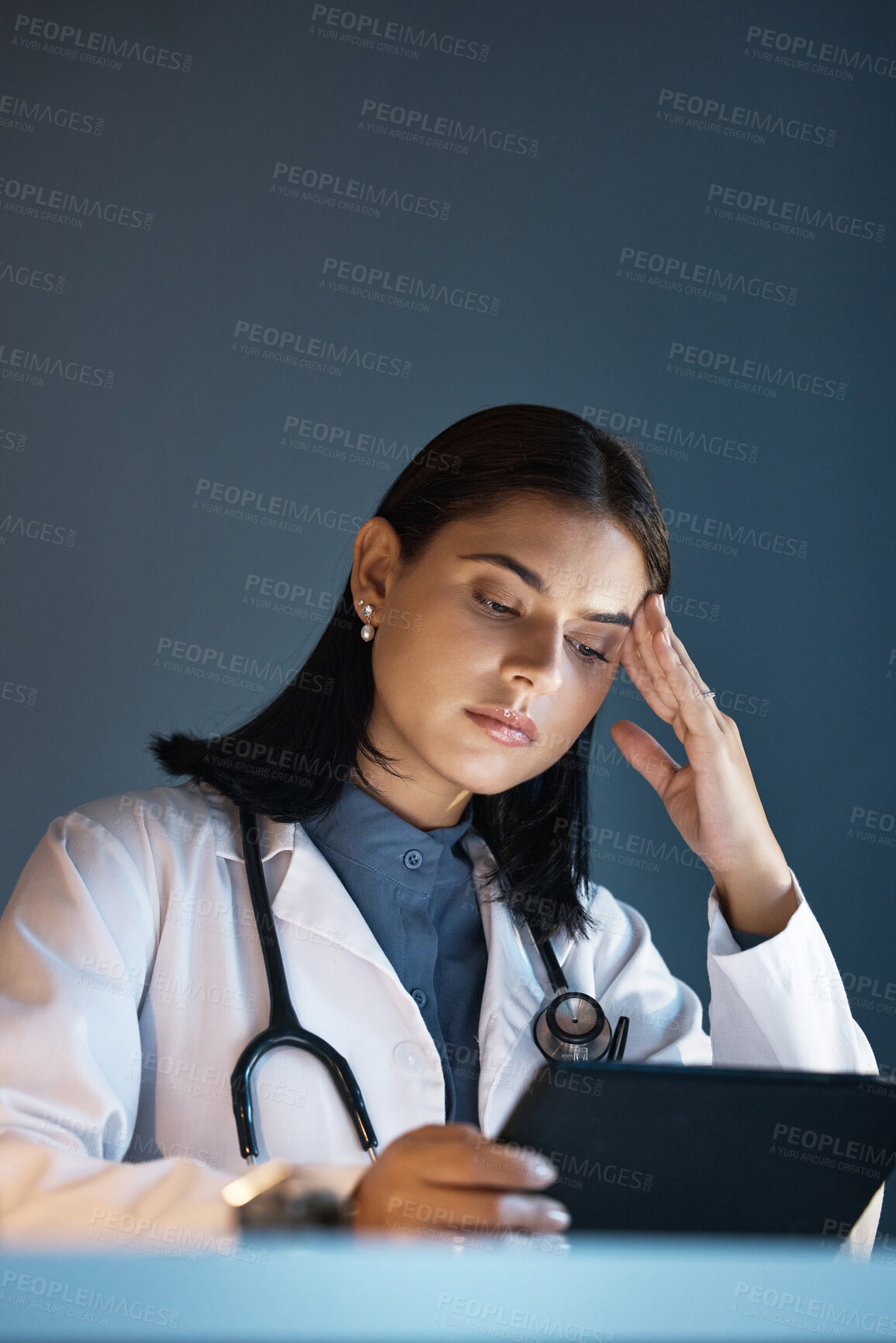 Buy stock photo Doctor, stress and anxiety with tablet for medical research, problem and frustrated while thinking on difficult surgery in hospital. Healthcare expert, headache and digital technology with burnout