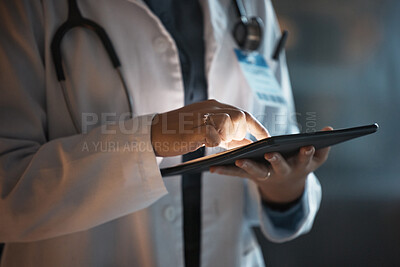 Buy stock photo Doctor hands, tablet and night research in hospital office for online consultation or telehealth app. Schedule, healthcare or female physician on tech, medical news or checking patient record on web
