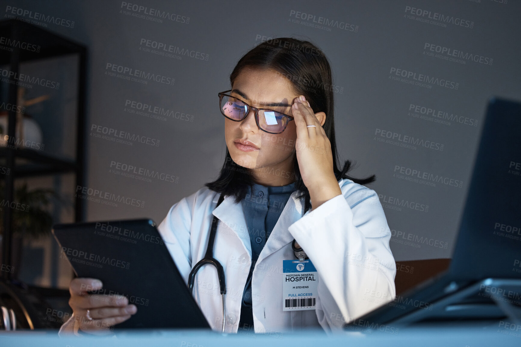 Buy stock photo Woman, healthcare doctor and stress or headache on tablet for research in medical hospital. Young girl, pharmacist and burnout or health fatigue problem at night with mental health and digital device