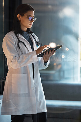 Buy stock photo Doctor, tablet and woman planning at night in medical office, hospital and clinic for research, test results information and connection. Focus healthcare worker, telehealth and digital app technology