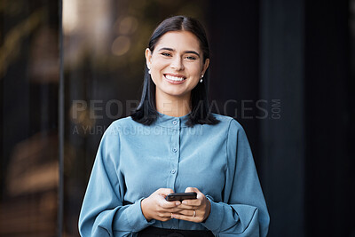 Buy stock photo Business woman, portait and smile with phone typing, happy to email or doing online, internet or web search. Career female with mobile smartphone working in social media marketing outdoor in the city