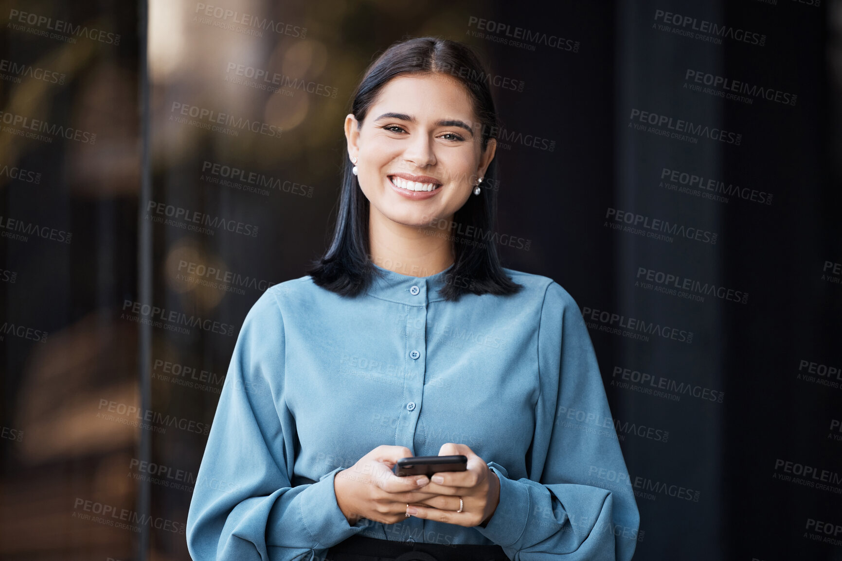 Buy stock photo Business woman, portait and smile with phone typing, happy to email or doing online, internet or web search. Career female with mobile smartphone working in social media marketing outdoor in the city