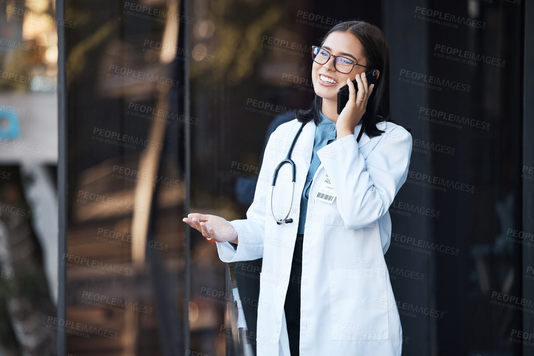 Buy stock photo Doctor, phone call and talking for communication, funny conversation and telehealth with contact outdoor in the city. Medical worker, healthcare expert or woman speaking on mobile smartphone on break