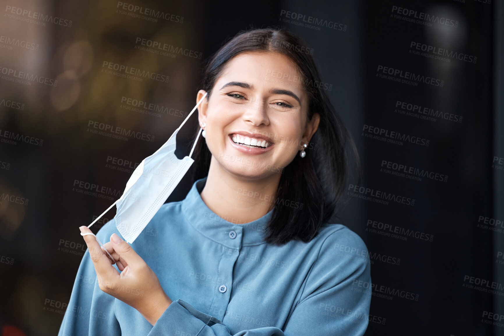 Buy stock photo Covid, freedom and finished with a woman mask removal with a smile outdoor in the fresh air. Health, safety and portrait with a female excited to stop or complete corona virus epidemic regulations