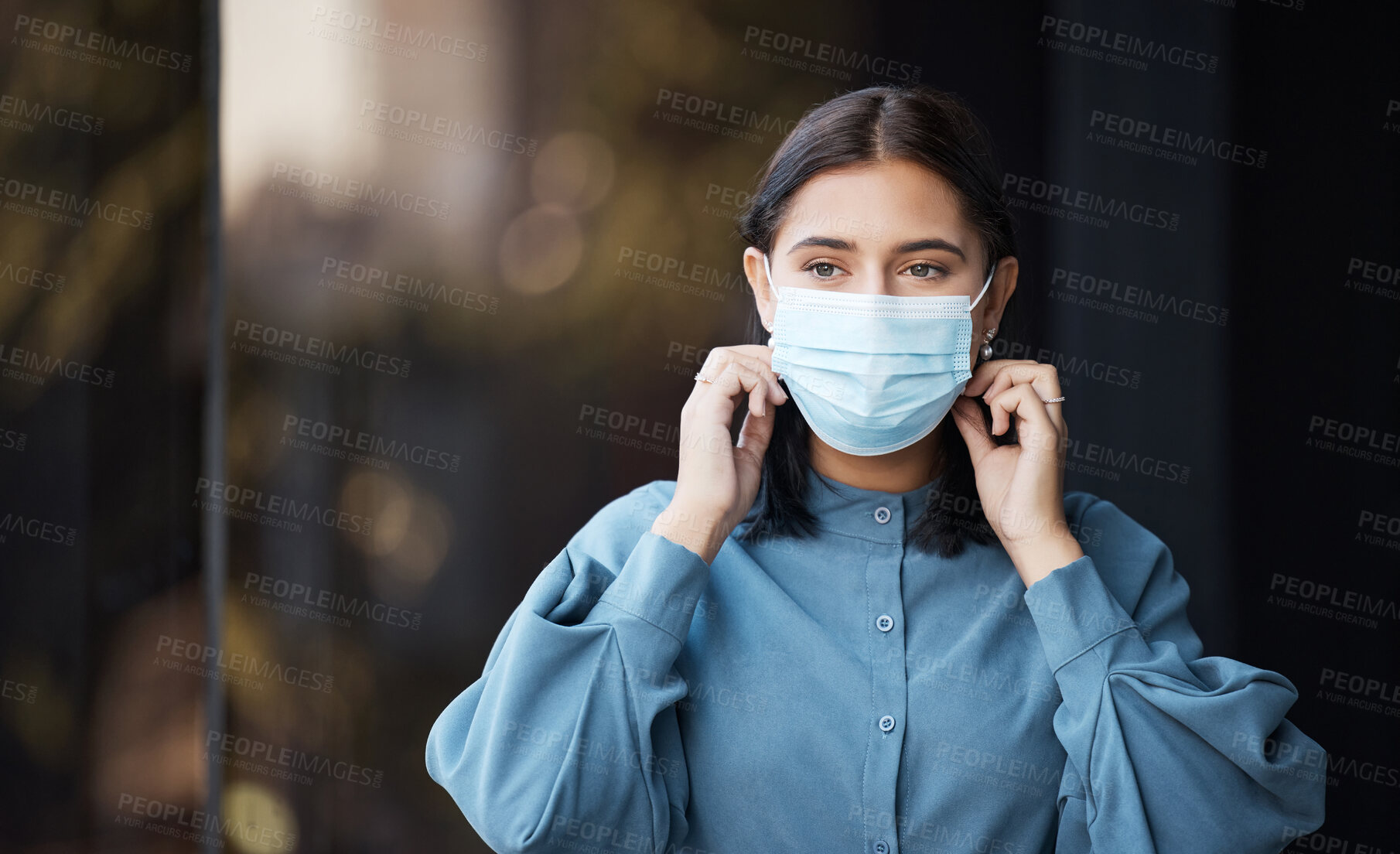 Buy stock photo Face mask, woman and covid business worker in an office with health and corona virus safety. Company employee doing covid 19 healthy security policy in the workplace ready for office working