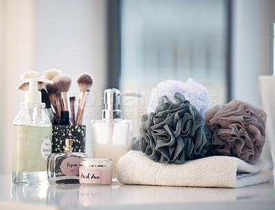 Buy stock photo Beauty, product and skincare tools in a bathroom with no people for cleaning, hygiene and shower with mockup. Makeup, perfume and morning routine items with nobody for wellness, clean and fresh 