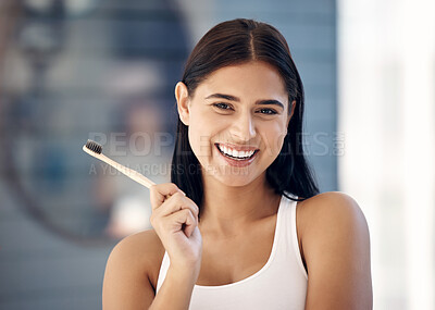 Buy stock photo Oral health, healthy teeth and woman with toothbrush, dental care, hygiene and grooming with fresh breath. Clean, smile and wellness with mouth care product and whitening for strong gums in portrait.