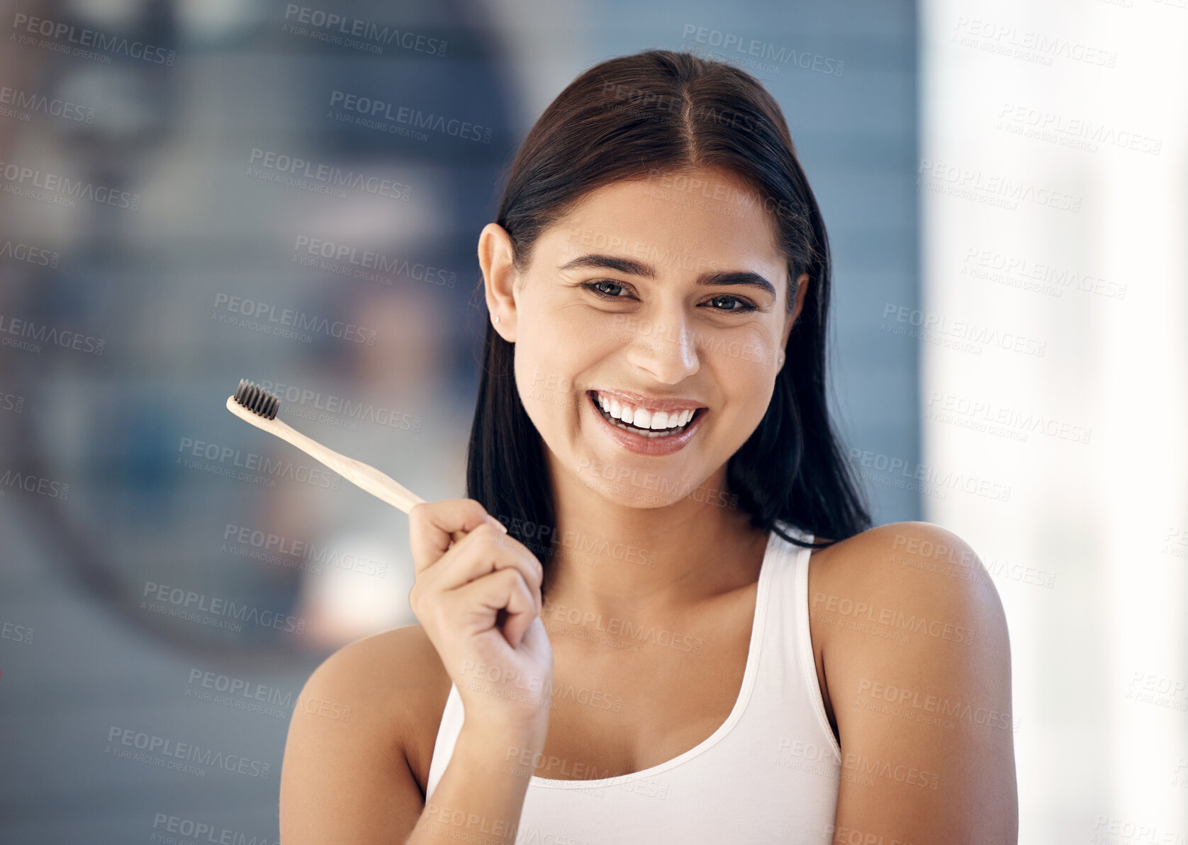 Buy stock photo Oral health, healthy teeth and woman with toothbrush, dental care, hygiene and grooming with fresh breath. Clean, smile and wellness with mouth care product and whitening for strong gums in portrait.