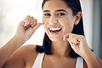 Floss, teeth and dental with woman in bathroom for morning routine, oral hygiene and healthy gums. Wellness, cleaning and mouth with portrait of girl and big smile at home for cavity and toothcare