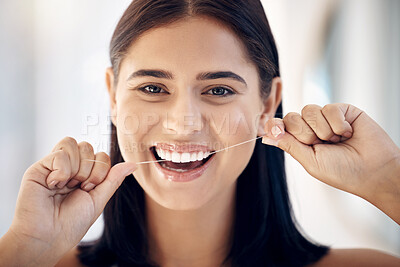 Buy stock photo Floss, oral care and dental with healthy teeth and woman cleaning mouth in portrait, gum health and Invisalign. Hands, face and hygiene with grooming and clean, fresh breath, flossing and whitening.