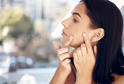 Buy stock photo Woman skincare, pimple or check acne, face for facial scar for wellness, self care or healthcare treatment. Dermatology, cosmetology or aesthetic woman with skin health, problem or beauty in home