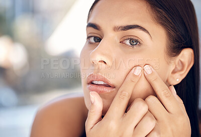Buy stock photo Acne, squeeze and face of woman in bathroom for skincare, facial and self care with morning routine. Hygiene, facial and cleaning with girl and popping pimple on cheek for blemish, flaws and scar
