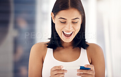 Buy stock photo Excited, smile and woman with positive pregnancy test results with happy expression on face in bathroom. Family, love and pregnant girl with excitement for baby, child and future motherhood at home