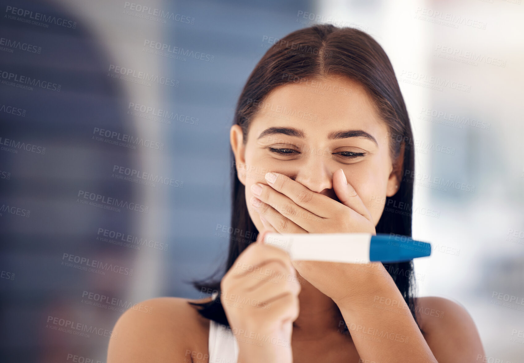 Buy stock photo Happy, woman and pregnancy test in a bathroom by surprise, excited and good news in her home. Woman, pregnant and girl with test results, wow and smile, celebration and family planning with mockup