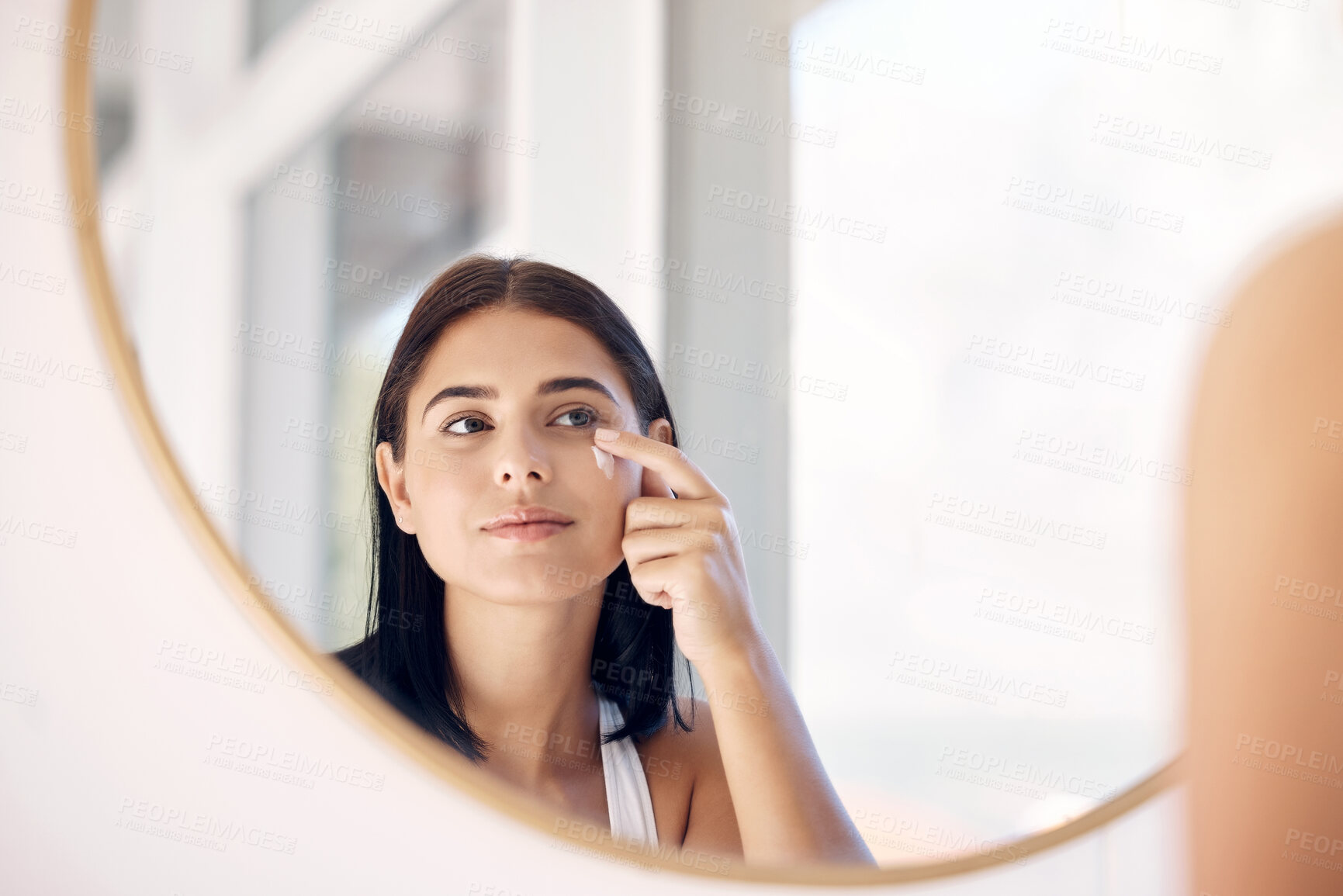 Buy stock photo Mirror reflection of woman with skincare cream, spa lotion or dermatology ointment for melasma or acne treatment. Bathroom facial routine, healthcare and face of girl apply cosmetics beauty product
