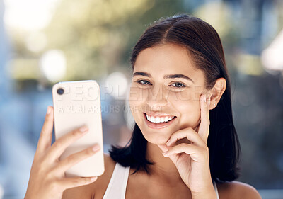 Buy stock photo Phone, selfie and portrait of a woman in a bathroom for skincare, beauty and cleaning against blurred background mockup. Face, girl and smile for picture after facial treatment, grooming and hygiene 