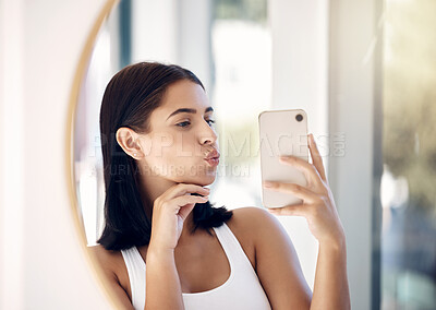 Buy stock photo Selfie, phone and woman with mirror in bathroom for beauty, skincare and social media. Hygiene, self care and cleaning with girl and pout in reflection the morning for technology, mobile and internet
