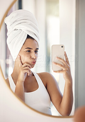 Buy stock photo Selfie, skincare and woman with a phone for facial health, morning cleaning and shower in the bathroom. Self care, relax and clean face of a girl with a photo for care of skin in a mirror for beauty