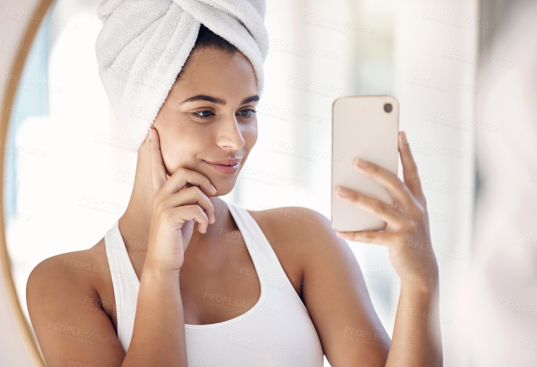 Buy stock photo Phone, selfie and shower with a woman taking a photograph in the bathroom of her home in the morning. Towel, fresh and reflection with a female posing for a beauty picture in a mirror after cleaning