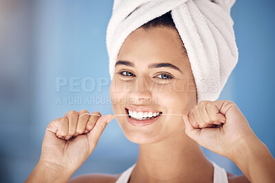 Buy stock photo Woman teeth, dental flossing and healthcare, happy and smile in morning, cleaning and portrait in the morning. Model, wellness and beauty happiness, healthy and mouth health with female face or towel
