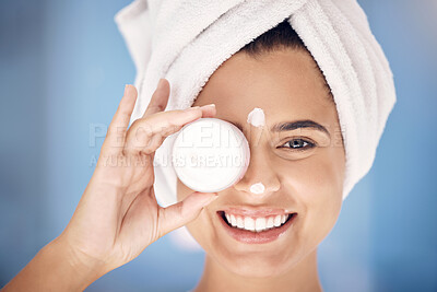 Buy stock photo Skincare, cream and woman with product promotion, marketing or advertising for dermatology in face portrait. Facial, sunscreen or night cosmetics container and happy girl or beauty model in bathroom