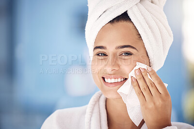 Buy stock photo Spa, wipe and black woman smile, cosmetics and skincare for wellness, confident and body care. Portrait, young female and healthy girl remove makeup with cotton cloth, organic facial and smooth skin.