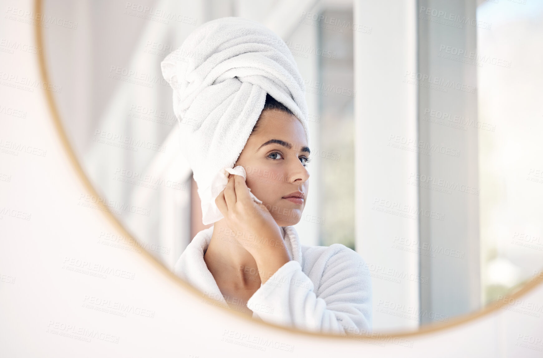 Buy stock photo Mirror, skincare woman in bathroom for cleaning, facial and skin product or cotton in her home with mockup. Face, beauty and girl with hydration cosmetic treatment after shower, hygiene and grooming