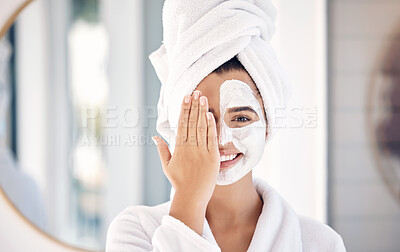 Buy stock photo Woman, face mask or hands in skincare spa treatment, home self care or healthcare wellness for acne, collagen or dermatology. Portrait, smile or happy person with cream product or house chemical peel