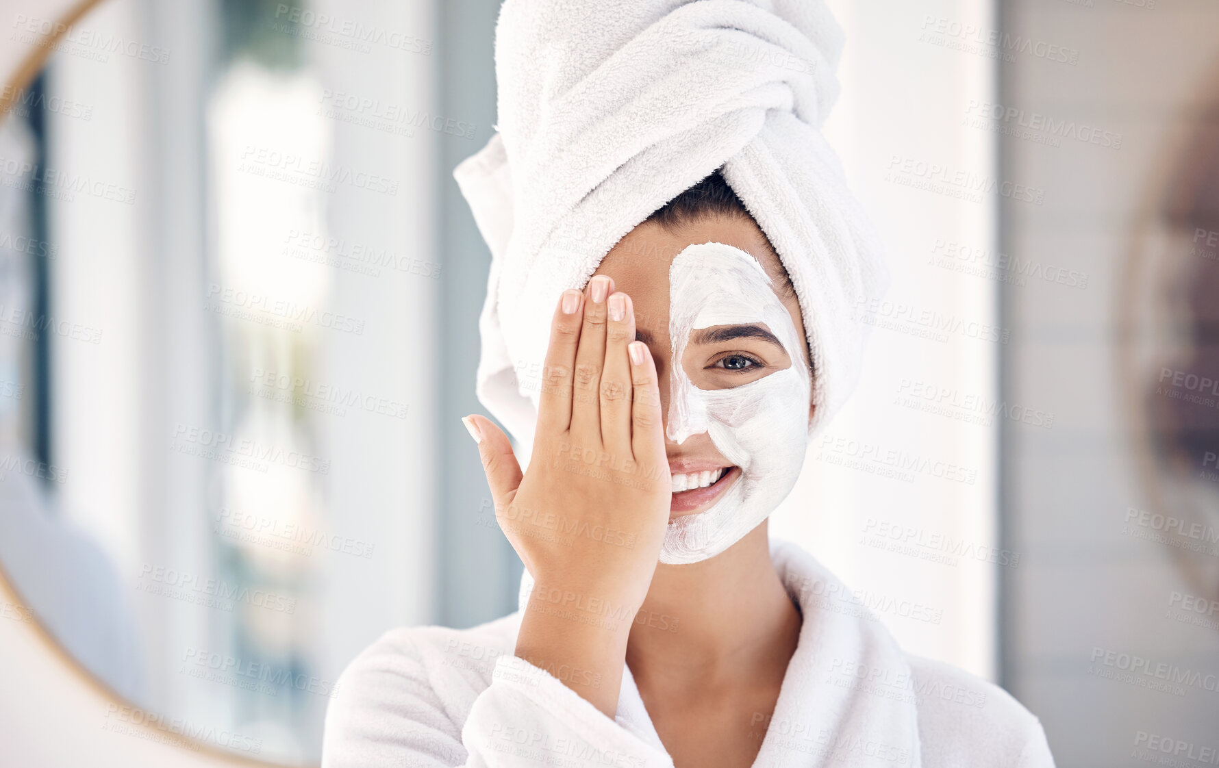 Buy stock photo Woman, face mask or hands in skincare spa treatment, home self care or healthcare wellness for acne, collagen or dermatology. Portrait, smile or happy person with cream product or house chemical peel