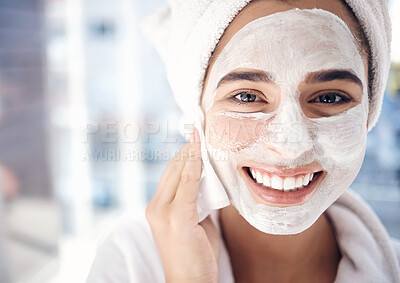 Buy stock photo Skincare, facial and portrait of woman in a bathroom for cleaning, beauty and grooming closeup in her home. Face, girl and skin product mask for exfoliate, scrub and hygiene, routine and wellness