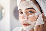Beauty, facial and face mask on woman doing spa treatment at home with skincare, cosmetics and dermatology product. Portrait of female doing self care cleaning skin for health and wellness in house