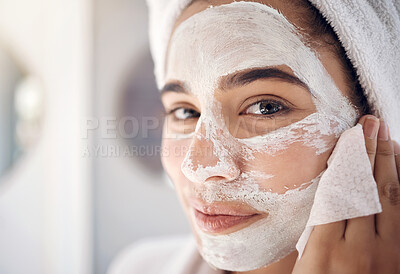 Buy stock photo Beauty, facial and face mask on woman doing spa treatment at home with skincare, cosmetics and dermatology product. Portrait of female doing self care cleaning skin for health and wellness in house