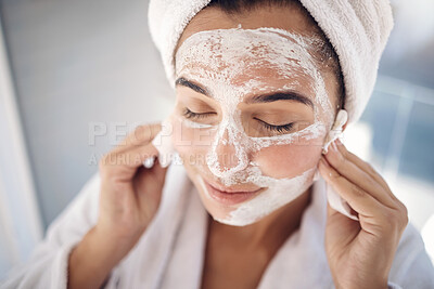 Buy stock photo Healthcare, skincare or facial woman in portrait or spa for wellness, beauty and cosmetics cleaning product with smile. Face mask, health or happy model girl with dermatology product at luxury salon