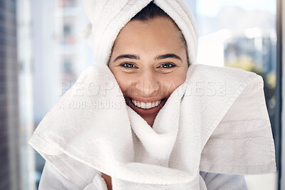 Buy stock photo Face, towel and portrait of woman, shower or bathroom, aesthetic and body care, wellness or beauty. Happy, morning and smile young girl cleaning face, drying skincare and facial dermatology cosmetics
