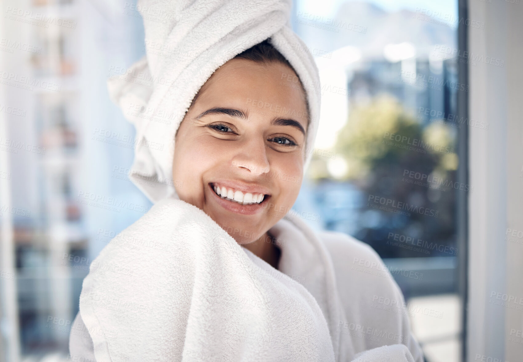 Buy stock photo Woman, spa and happy portrait smile for hygiene, wash or beauty skincare or cosmetic bathroom wellness treatment. Shower, face smiling with teeth in happiness or makeup for facial or luxury health