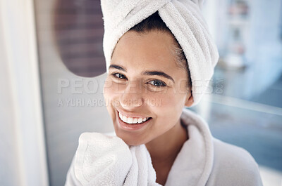 Buy stock photo Woman, spa and portrait smile for hygiene, wash or beauty skincare or cosmetic bathroom treatment. Happy female face smiling with teeth in happiness or satisfaction for facial care or luxury cleanse