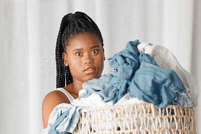 Buy stock photo Portrait, laundry and wow with a black woman cleaner carrying a basket of clothing for washing in her home. Cleaning, face and shock with a female housekeeper doing housework or chores with surprise