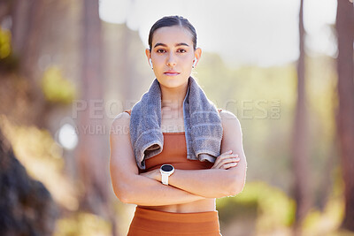 Buy stock photo Woman portrait, fitness and serious face outdoor ready for training, exercise and running sport. Wellness, sports health and workout start of a runner athlete in nature with arms crossed