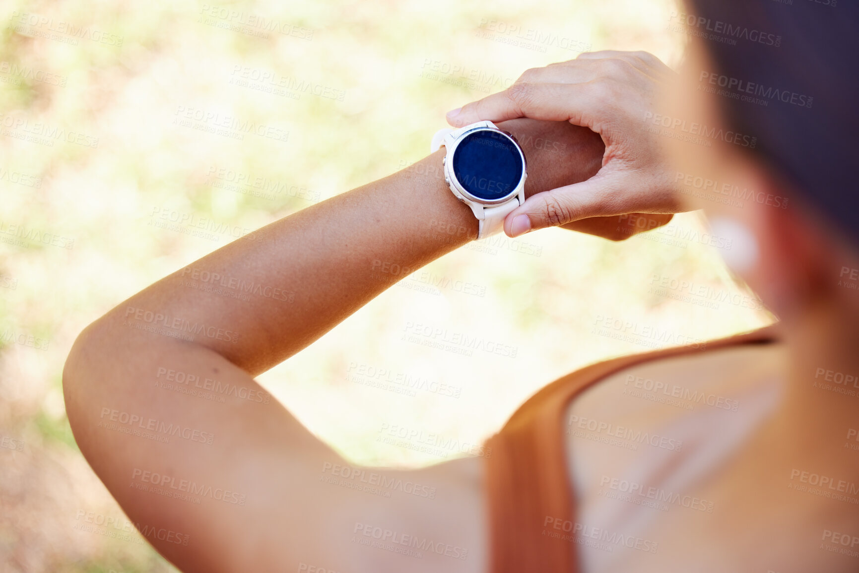 Buy stock photo Fitness, sports and woman with smartwatch on wrist with mockup screen for health tracking app. Digital tech, exercise and girl check results for running, training and workout performance in park