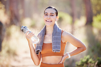 Buy stock photo Fitness, runner or woman with water bottle in nature park for exercise, motivation or training smile in summer. Happy portrait, health or athlete sports girl, break or workout wellness with towel