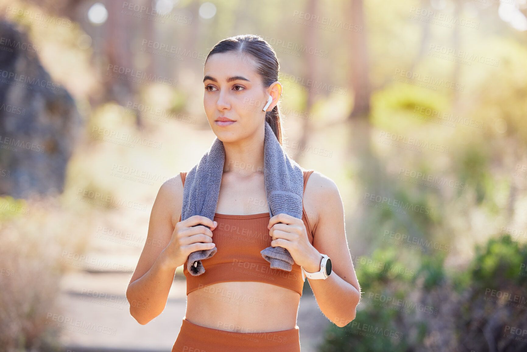 Buy stock photo Young woman, nature and exercise, thinking of fitness and workout for wellness, health outdoor. Female athlete, healthy girl take a serious rest on running trail, walk and break for calm and relax