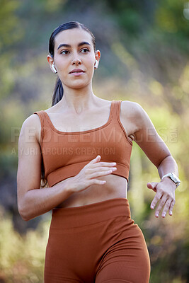 Buy stock photo Running, woman and outdoor fitness in the forest ready for sports, runner workout and walking hike. Health wellness training, exercise and cardio of an athlete with headphones on a run or speed walk