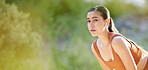 Fitness, woman and break in running exercise, workout or cardio training for healthy wellness on mockup. Active female breathing after intense run for energy recovery in nature for sports health