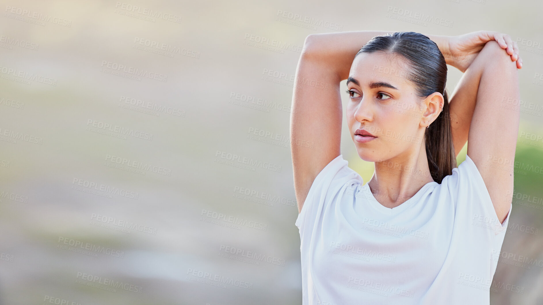 Buy stock photo Stretching arms, woman and outdoor exercise for healthy cardio run, sports fitness training or runner motivation. Health wellness workout, cardiovascular performance and athlete person warm up 