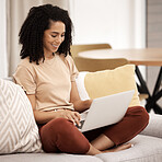 Remote work, black woman and living room sofa of person at home on a laptop working. Digital employee and woman on a sofa using technology for digital marketing job online on a computer and couch