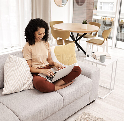 Buy stock photo Relax, laptop and search with black woman on sofa for communication, internet and online streaming. Technology, digital and contact with girl in living room for networking, news and social media 